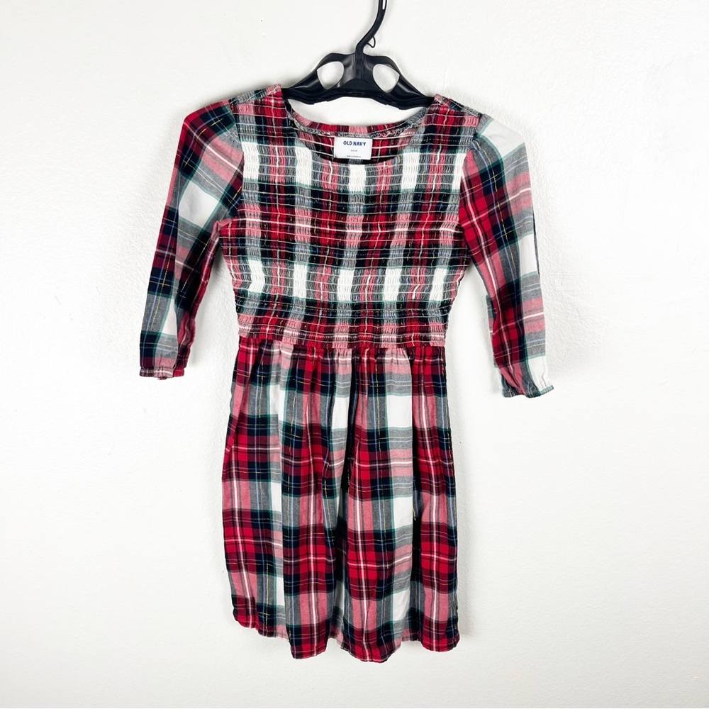 OLD NAVY Girls Plaid Smocked-Bodice Long Sleeves  Dress, Size XL (14/16) Holiday